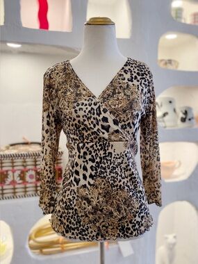 Y2K Vintage Leopard Print Mesh Three Quarter Length Sleeve Top with Lettuce Trim